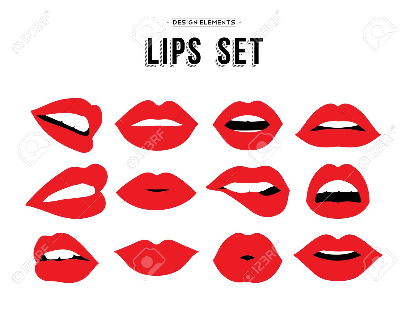 Woman's lip gestures set. Girl mouths close up with red lipstick makeup expressing different emotions. vector. - 51425560 Woman's lip gestures set. Girl mouths close up with red lipstick makeup expressing different emotions. vector. - 51425560