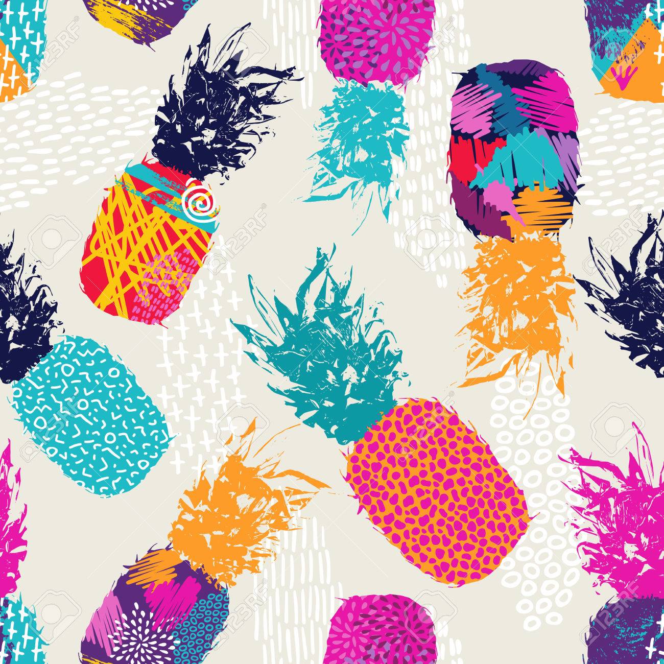 retro summer seamless pattern design pineapple fruit with happy