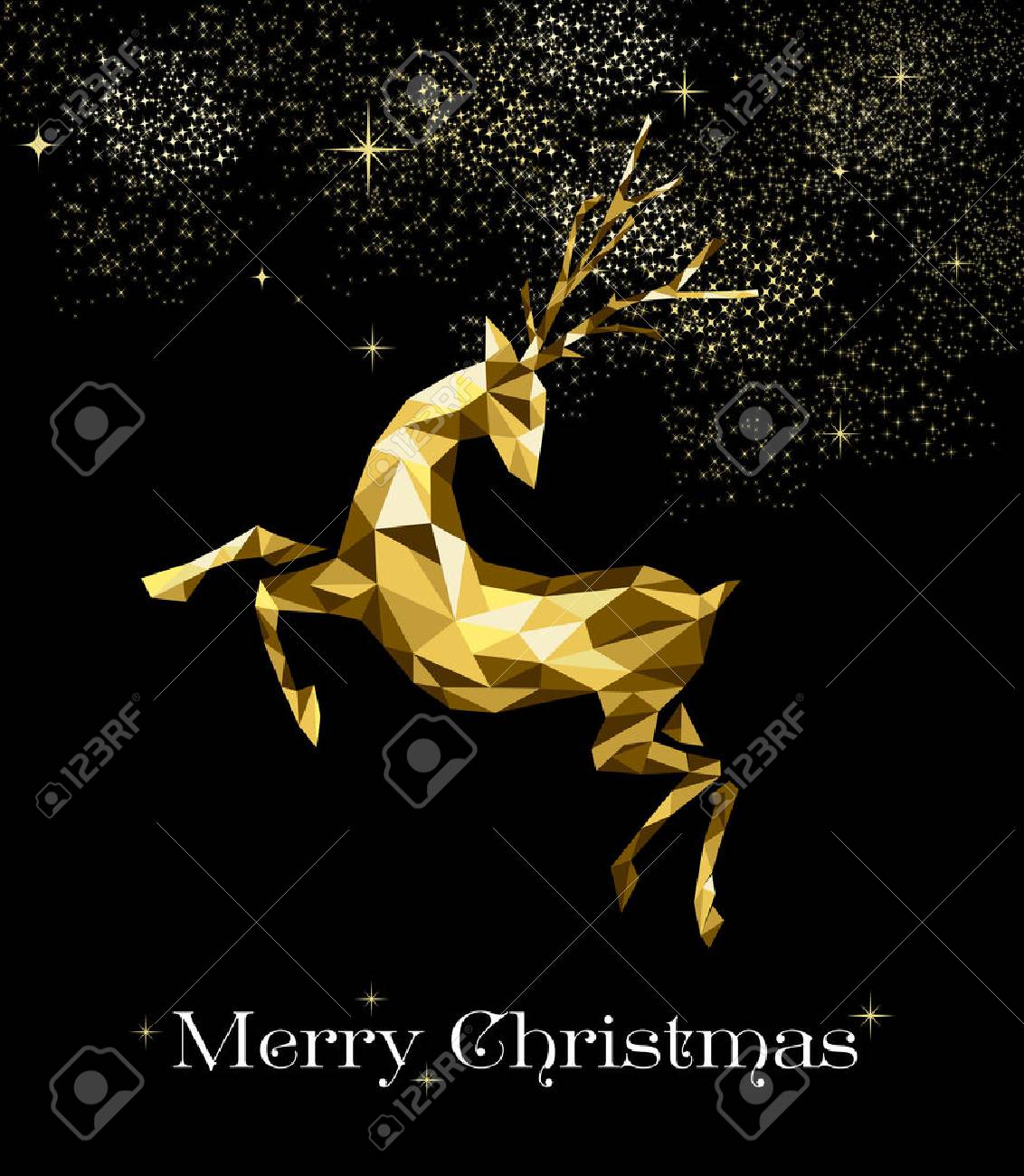 Merry Christmas gold holiday decoration, abstract low poly reindeer illustration on firework sky. - 65358241 Merry Christmas gold holiday decoration, abstract low poly reindeer illustration on firework sky. - 65358241