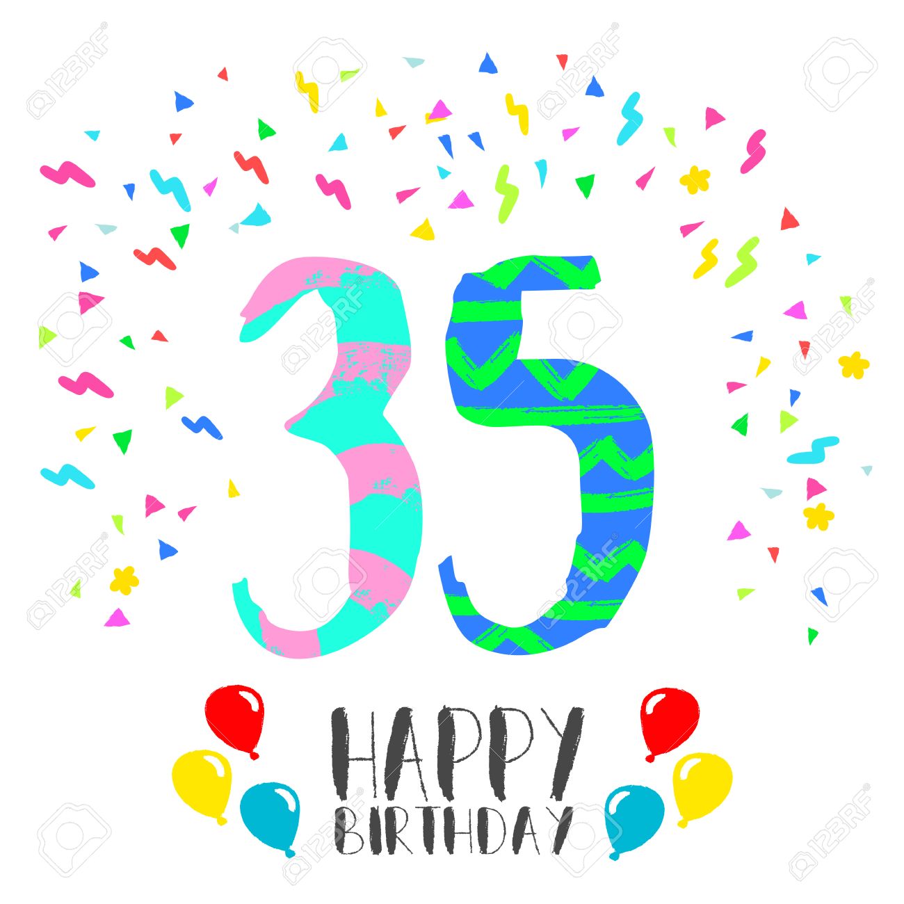 Joyeux Anniversaire Numero 35 Carte De Voeux Pour Trente Cinq Ans Dans Un Style D Art Amusant Avec Des Confettis De Fete Invitation D Anniversaire Felicitation Ou Design De Celebration Clip Art Libres De Droits