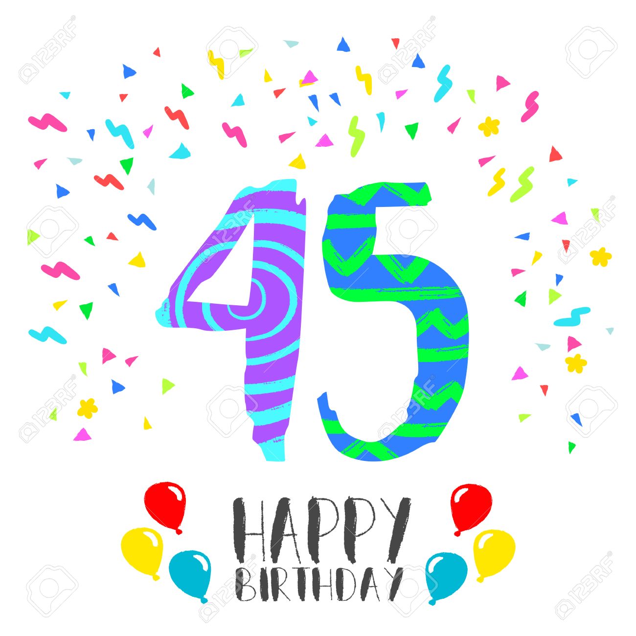 Numero Joyeux Anniversaire 45 Carte De Voeux Pour 45 Annees Dans Le Style D Art D Amusement Avec Des Confettis De Fete Invitation Anniversaire Felicitations Ou De La Conception De Celebration Clip Art Libres