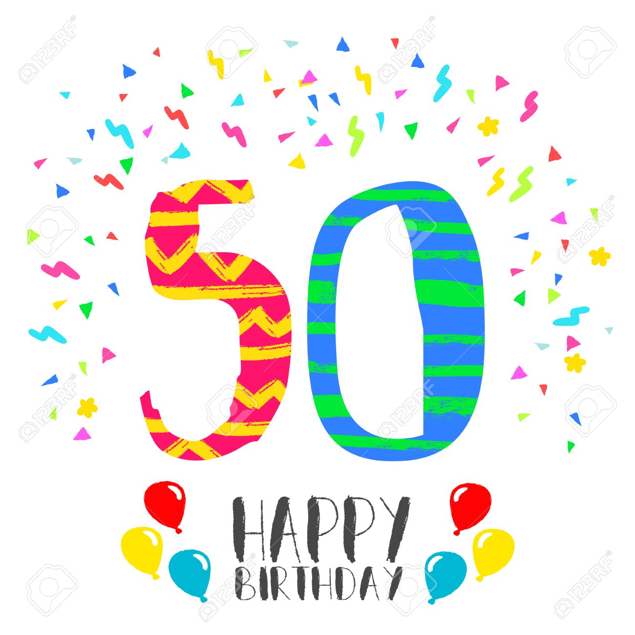 Joyeux Anniversaire Numero 50 Carte De Voeux Pour Cinquante Ans Dans Un Style D Art Amusant Avec Des Confettis De Fete Invitation D Anniversaire Felicitation Ou Design De Celebration Clip Art Libres De Droits