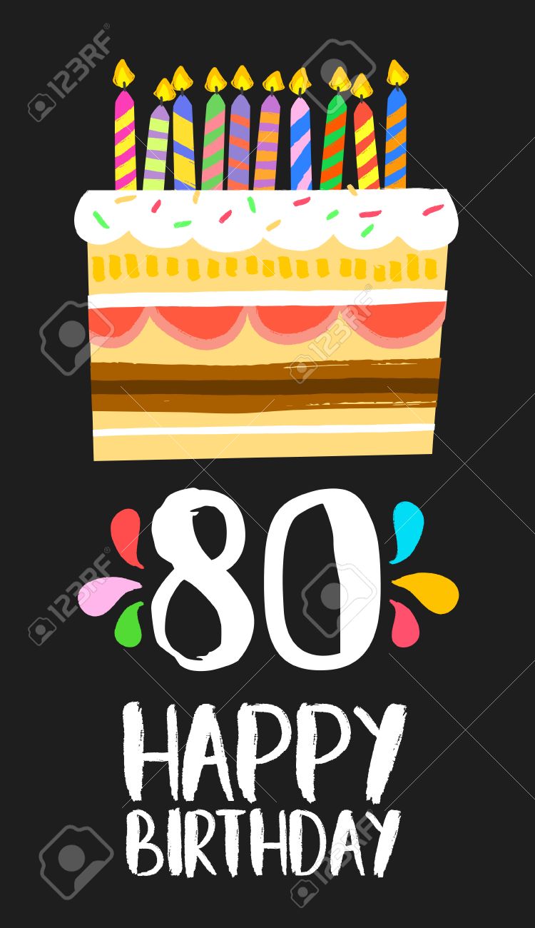 お誕生日おめでとう数 80 80 年楽しいアートのスタイルのケーキやキャンドルでのグリーティング カードです のイラスト素材 ベクタ Image