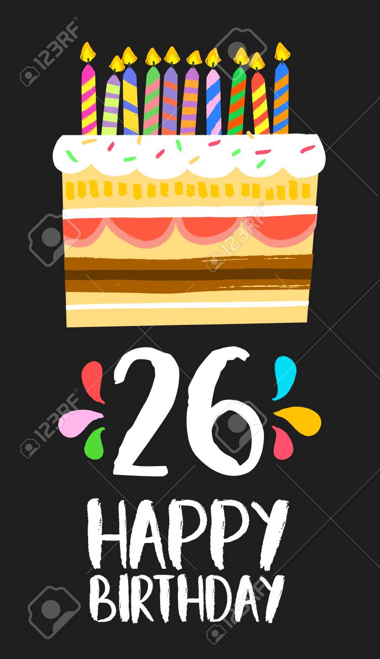 Numero Joyeux Anniversaire 26 Carte De Voeux Pour Vingt Six Ans D Amusement De Style D Art Avec Un Gateau Et Des Bougies Clip Art Libres De Droits Vecteurs Et Illustration Image