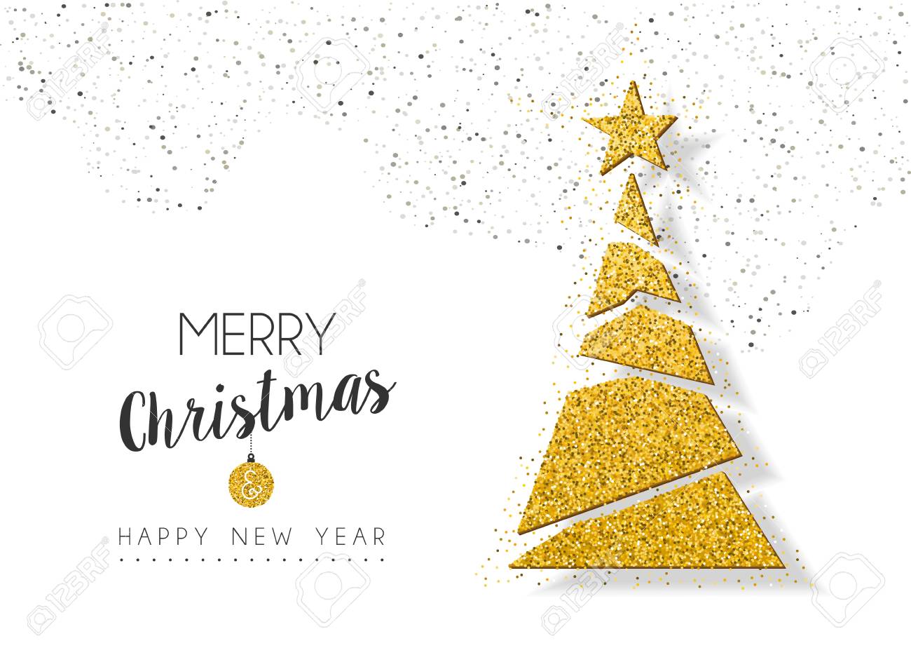 Merry Christmas and happy New Year gold xmas pine tree ornament made of golden glitter dust, holiday greeting card design. EPS10 vector. - 86133552 Merry Christmas and happy New Year gold xmas pine tree ornament made of golden glitter dust, holiday greeting card design. EPS10 vector. - 86133552