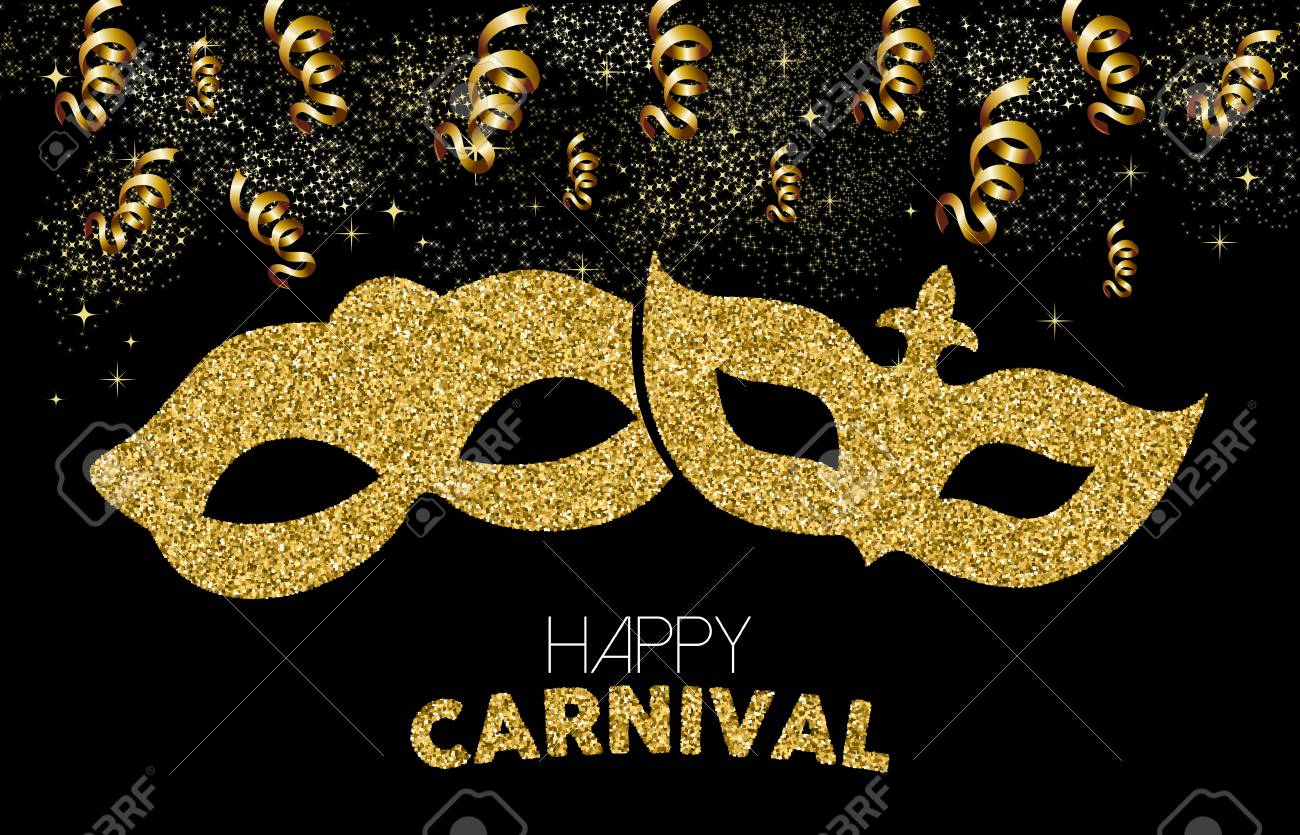 Conception De Celebration De Carnaval D Or Masque De Costume Fait De Paillettes Dorees Avec Citation De Texte Serpentins De Fete Et Confettis Vecteur Eps10 Clip Art Libres De Droits Vecteurs Et