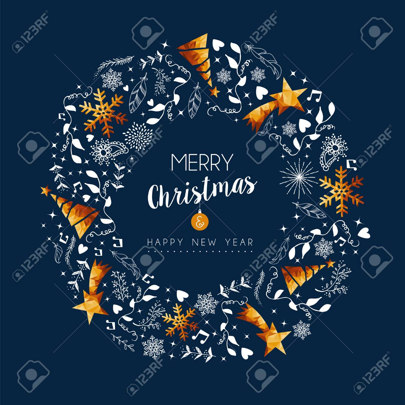 メリー クリスマス正月はモダンで豪華なゴールド カラー クリスマスの飾りと花輪の形での休日の装飾品あるグリーティング カード のイラスト素材 ベクタ Image