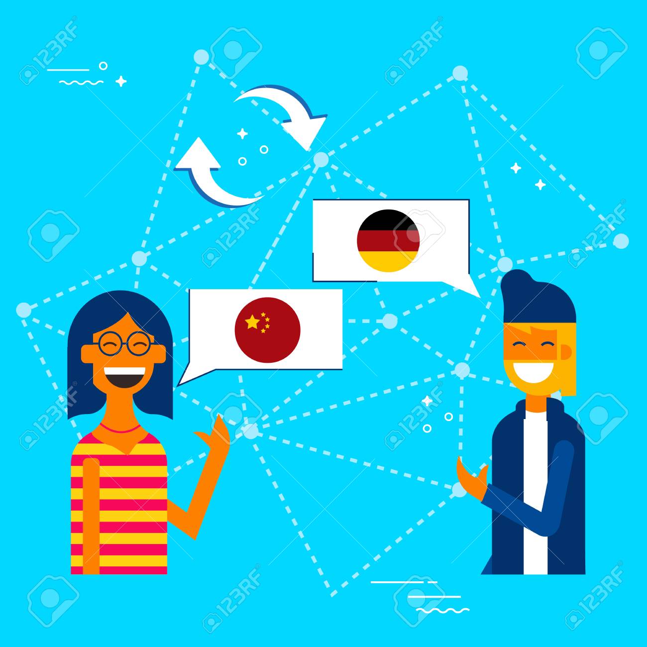 Communication Translation Concept Illustration Modern Flat Art Style Boy And Girl Having Online Conversation In Chinese To German Language Eps10 Vector Royalty Free Cliparts Vectors And Stock Illustration Image