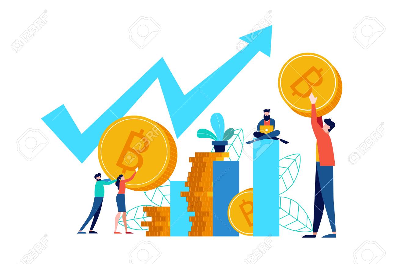 ビットコイン仮想通貨ビジネスイラスト、インターネット株式市場の為替コンセプト。オンライン金融とお金の管理のアイデア。のイラスト素材・ベクター  Image 102566455