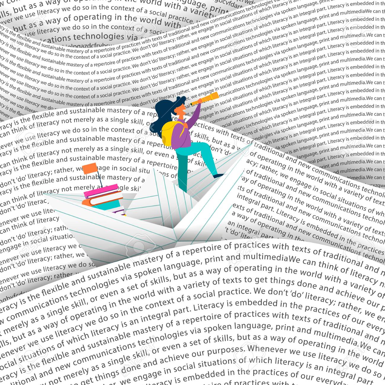 Girl sailing paper boat in sea of words. Education concept for children reading or school project. EPS10 vector. - 106823338 Girl sailing paper boat in sea of words. Education concept for children reading or school project. EPS10 vector. - 106823338
