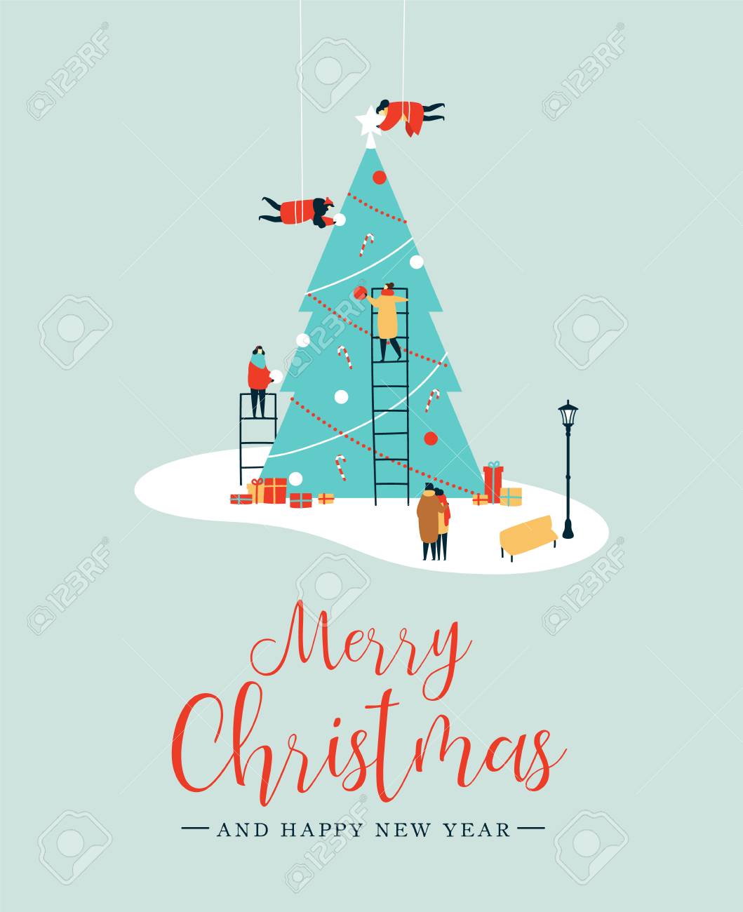 Merry Christmas and Happy New Year greeting card, People group making big xmas pine tree together for holiday season with ornament decoration, gifts. EPS10 vector. - 113543263 Merry Christmas and Happy New Year greeting card, People group making big xmas pine tree together for holiday season with ornament decoration, gifts. EPS10 vector. - 113543263