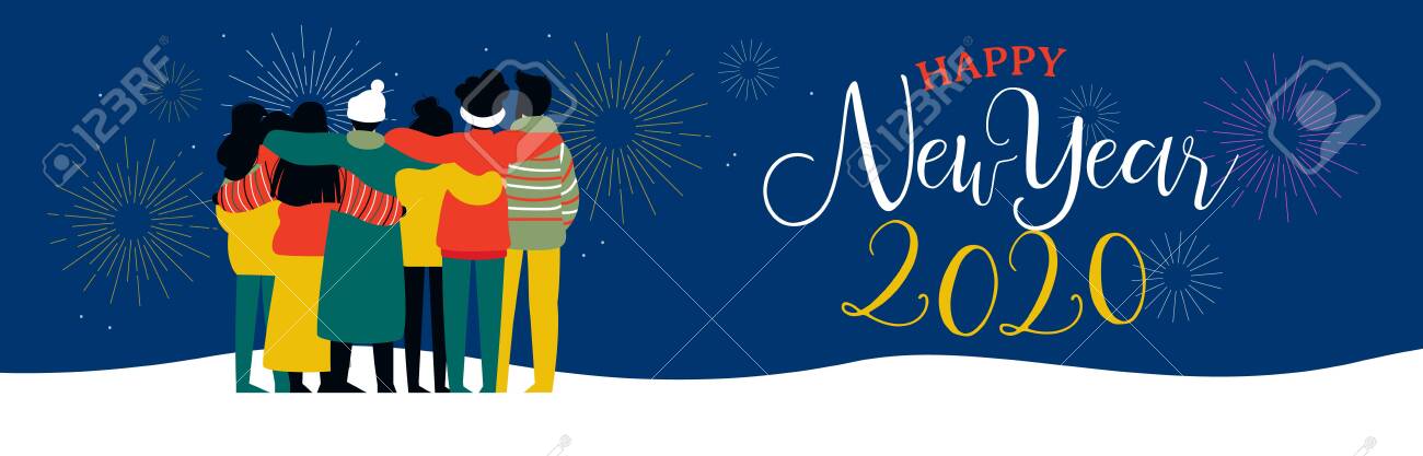 Happy New Year 2020 bannerillustration of young people friend group hugging together with fireworks in night sky. Diverse culture friends team celebrating. - 130838699 Happy New Year 2020 bannerillustration of young people friend group hugging together with fireworks in night sky. Diverse culture friends team celebrating. - 130838699