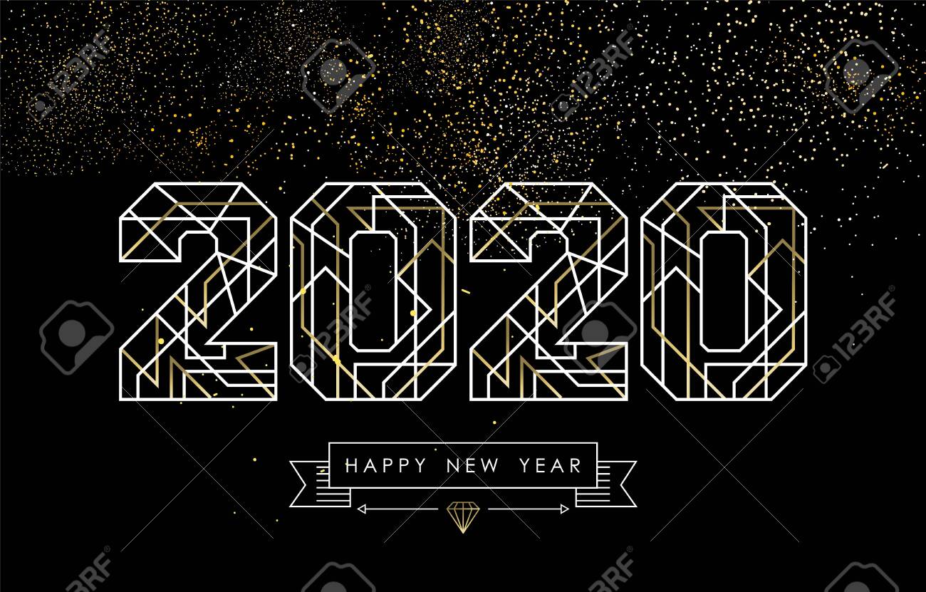 Happy New Year greeting card design in art deco outline style, gold and white 2020 sign with hipster label. Ideal for poster, holiday campaign or web. - 134486358 Happy New Year greeting card design in art deco outline style, gold and white 2020 sign with hipster label. Ideal for poster, holiday campaign or web. - 134486358