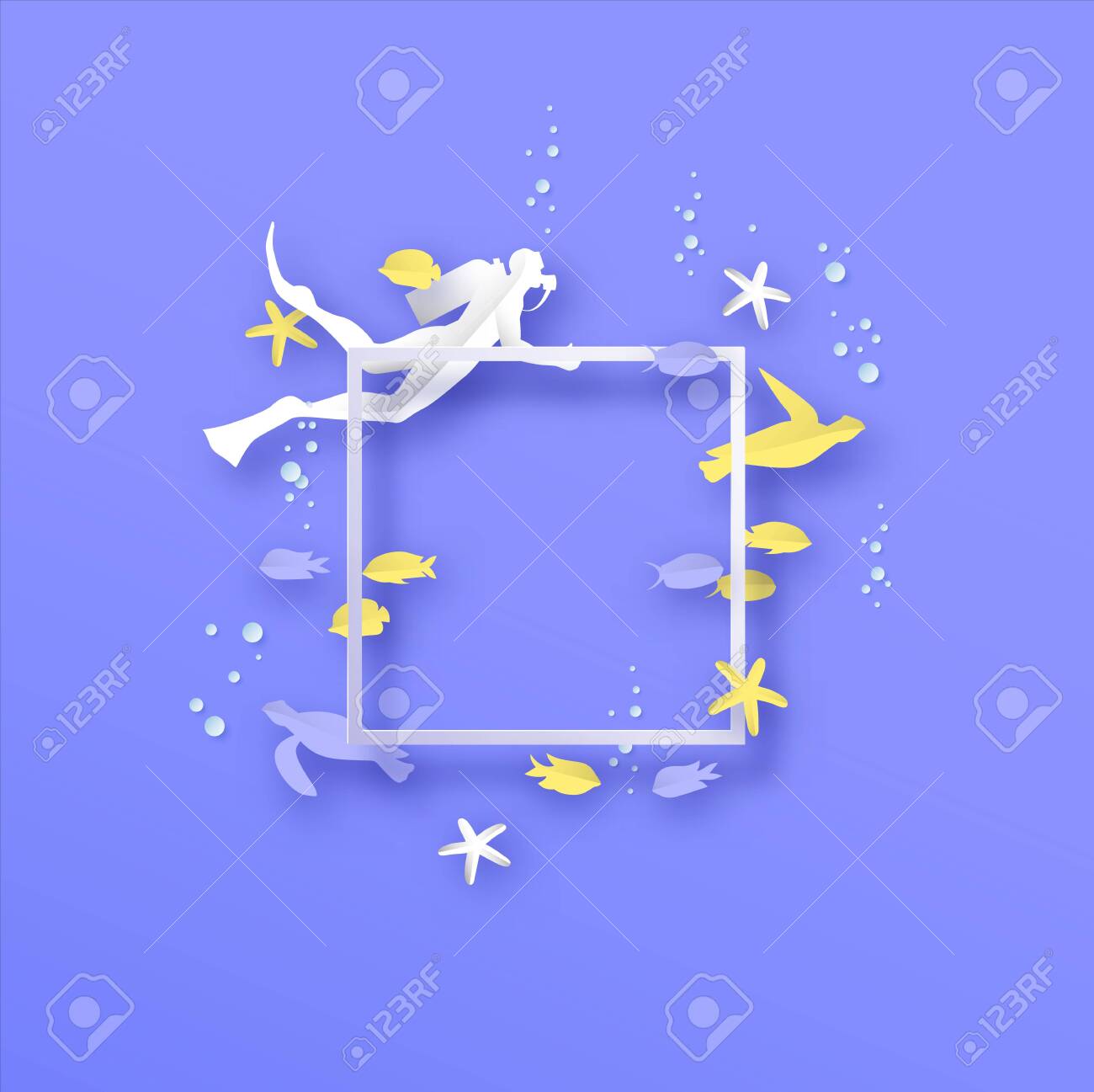 Download Underwater Coral Reef Paper Cut Illustration With Exotic Tropical Fish Turtle And Scuba Diver Man White Copy Space Frame Template Under Water Animals In Modern 3d Origami Cutout Style Royalty Free Cliparts