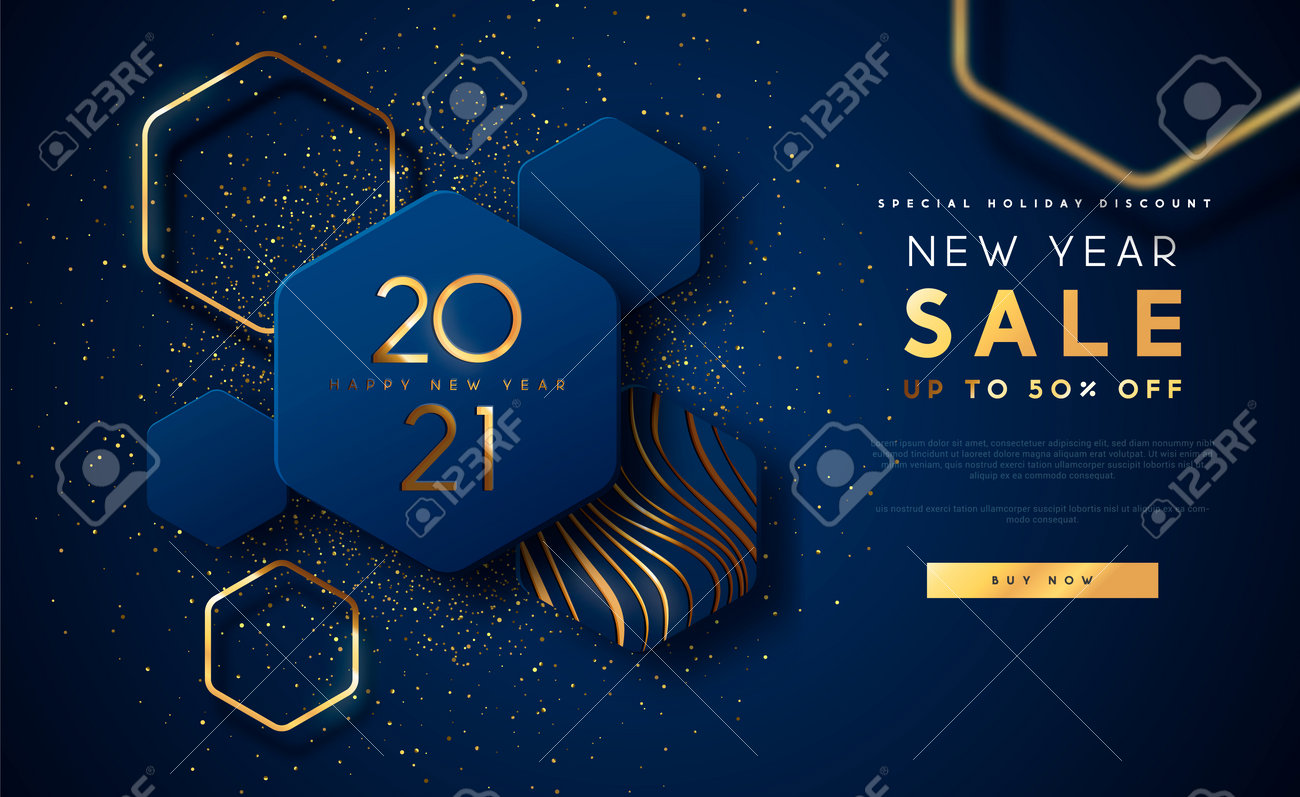 New Year 2021 sale discount web template illustration, luxury 3d geometric shape background with gold abstract shapes on blue backdrop for holiday business promotion. - 161365281 New Year 2021 sale discount web template illustration, luxury 3d geometric shape background with gold abstract shapes on blue backdrop for holiday business promotion. - 161365281