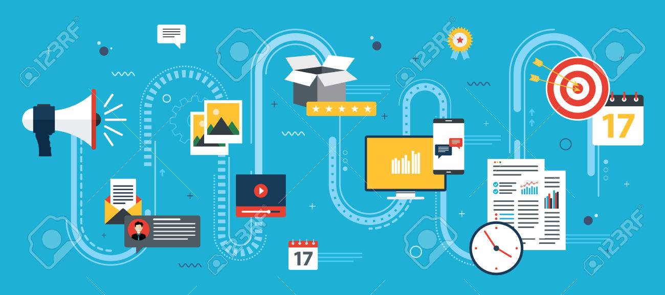 Iconos De Comunicación Publicitaria Y De Marketing. Conceptos De Marketing  Empresarial, Análisis Y Estrategia En Redes Sociales Y Medios Sociales.  Diseño Plano Ilustración Vectorial. Ilustraciones Vectoriales, Clip Art  Vectorizado Libre De Derechos.