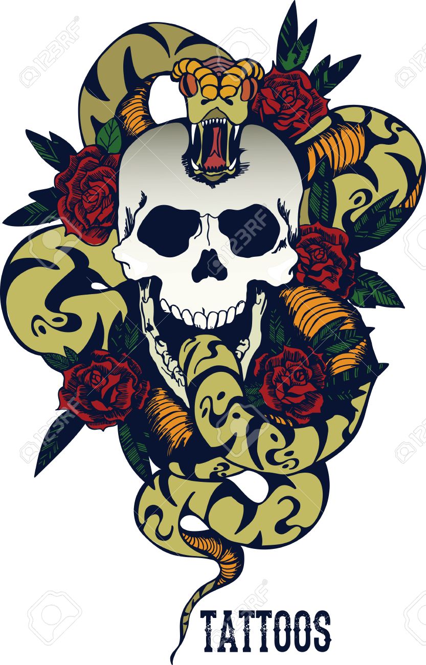 Skull with snake and five roses tattoo - 54758211 Skull with snake and five roses tattoo - 54758211