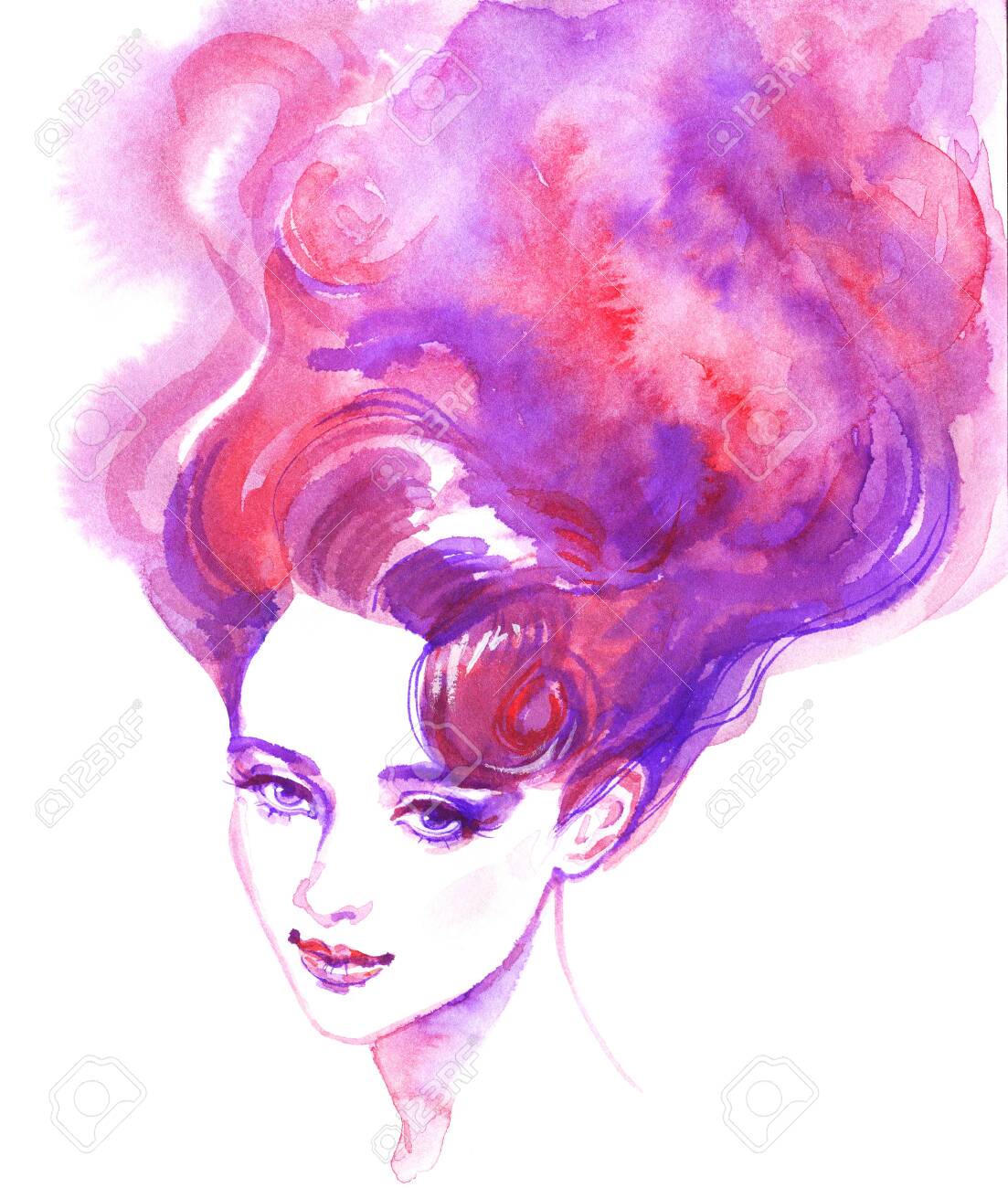 Watercolor Beauty Young Woman. Hand Drawn Portrait Of Girl With Long Purple  Hair. Painting Fashion Illustration On White Background Фотография,  картинки, изображения и сток-фотография без роялти. Image 132008109