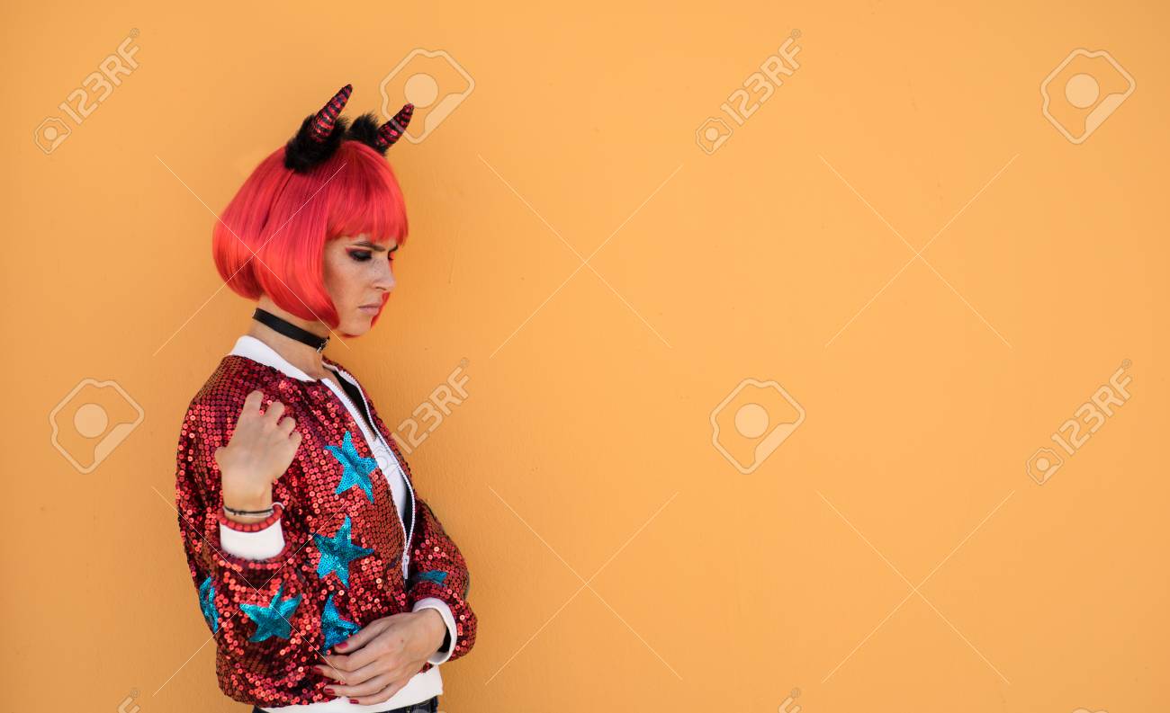 Adult Bright Red Devil Wig With Horns