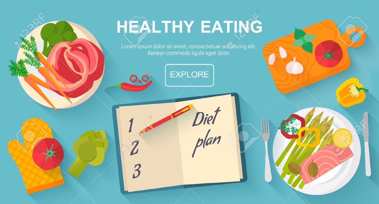 ダイエットと健康の食べる食品のコンセプト。ベクトル アイコン要素は