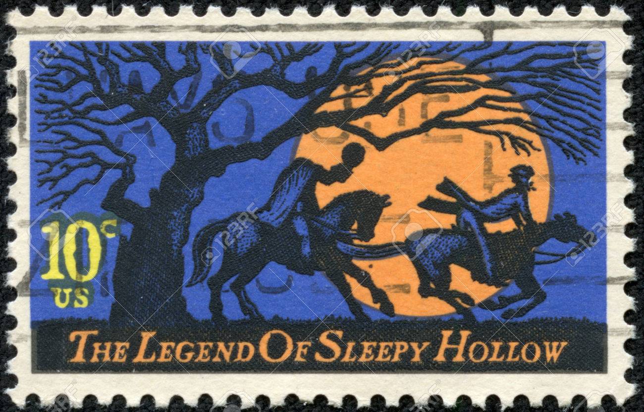 アメリカ合衆国 1974 A 切手年頃によって印刷されるアメリカでは スリーピーホロウの伝説 ワシントン州 Irving デザイン機能ヘッドレス騎手が Ichabod クレーン 1974 年頃追求 の写真素材 画像素材 Image
