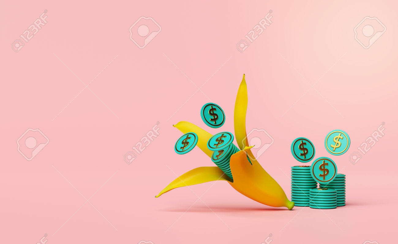 ピンクの背景に黄色いバナナと山積みのコイン。簡単な金融、お金の節約、ビジネスの成長、資金、利息のコンセプト、3Dイラストまたは3Dレンダリングの写真素材・画像素材  Image 200971274