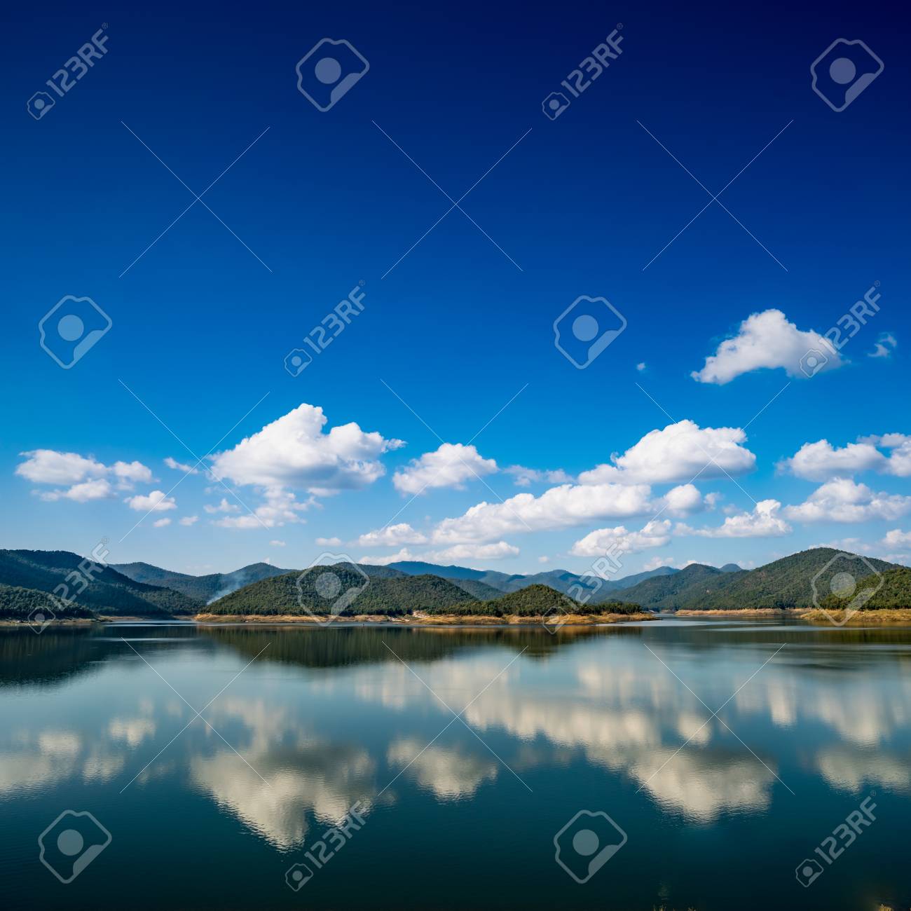 landscape of mountain and lake with blue sky background