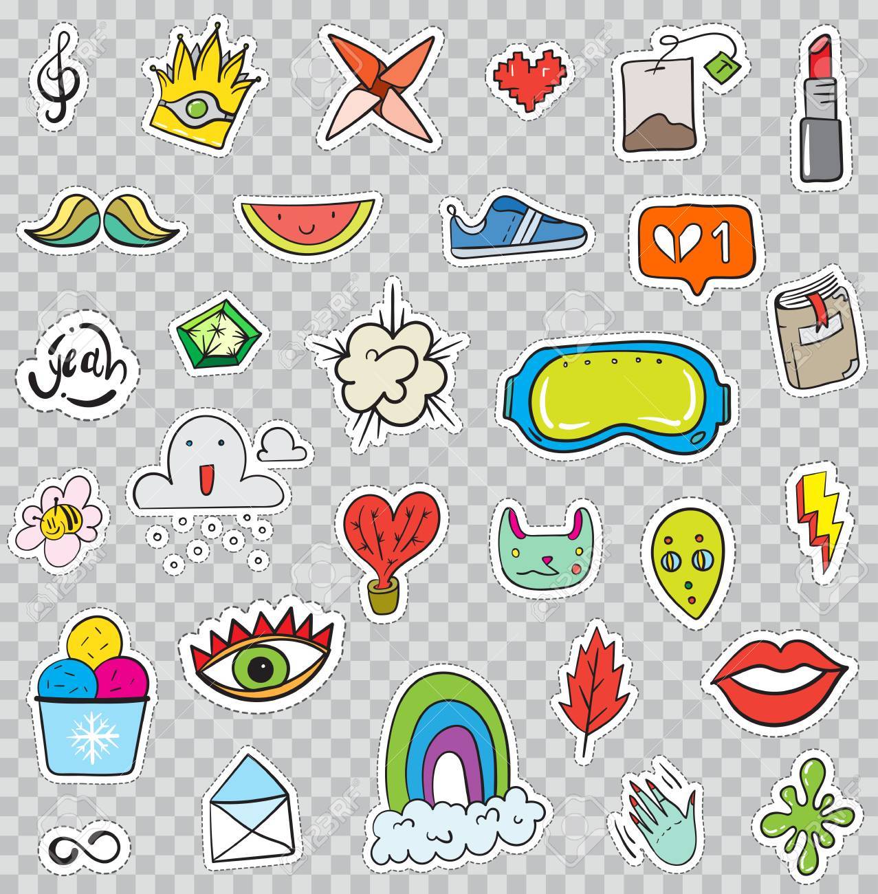 花 ハート 王冠 クラウド 唇 メール ダイヤモンド 目のようなパッチ要素のセットです 手描きの背景 かわいいおしゃれなステッカー コレクション 落書き ポップアート スケッチ バッジとピン のイラスト素材 ベクタ Image