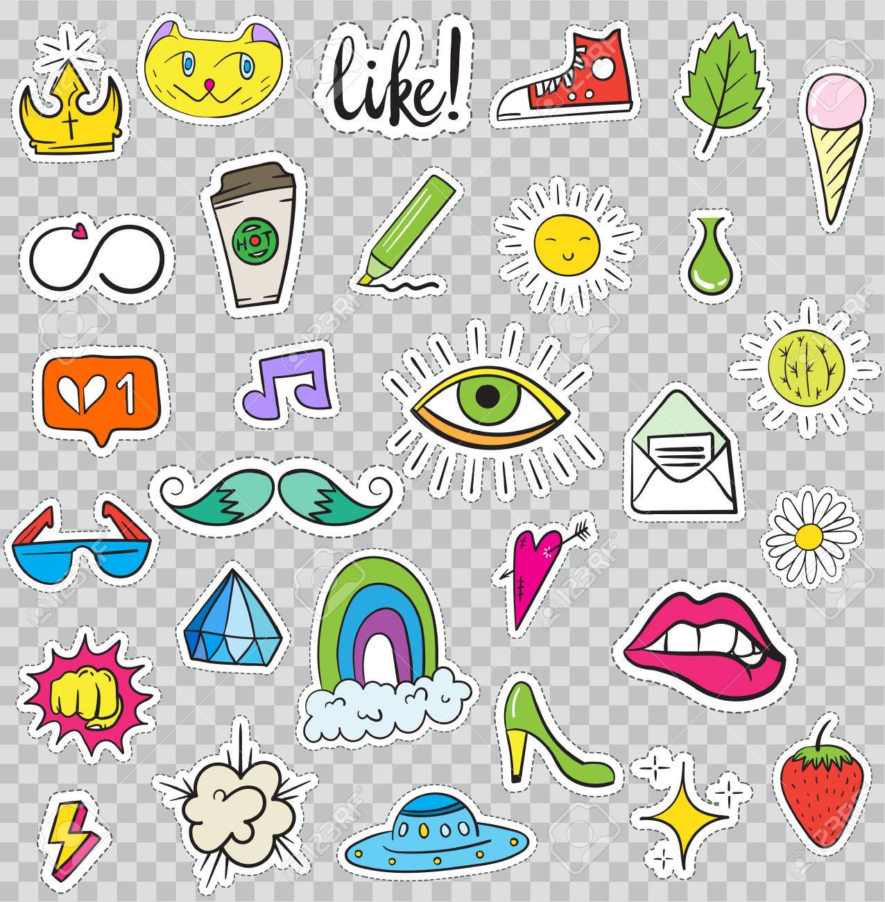 花 ハート 王冠 クラウド 唇 メール ダイヤモンド 目のようなパッチ要素のセットです 手描きの背景 かわいいおしゃれなステッカー コレクション 落書きポップアート スケッチ バッジとピン のイラスト素材 ベクタ Image