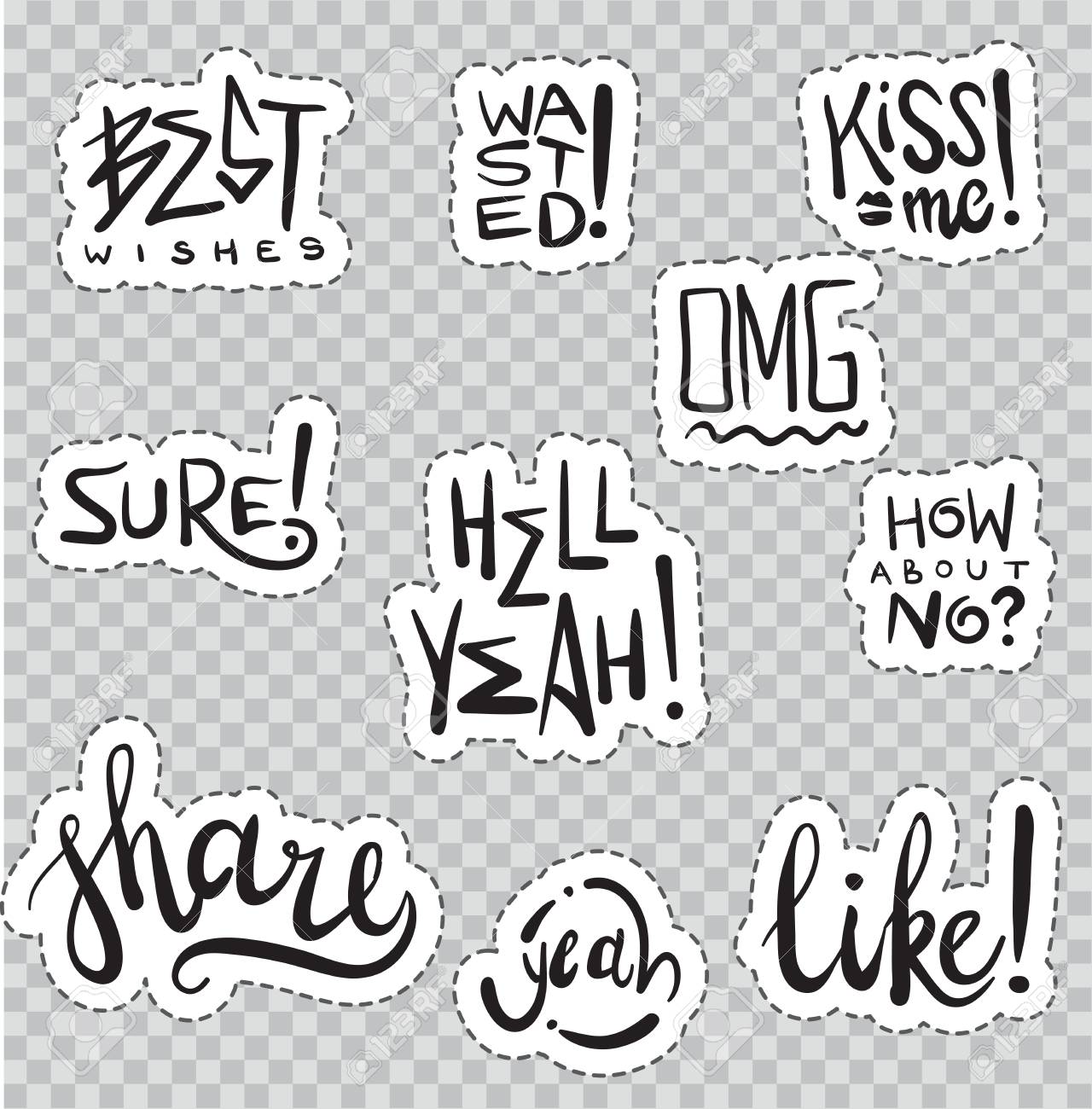 手でパッチのバッジには 標識が描かれています ベクター グラフィックは 透明な背景に分離されました ステッカー ピン 漫画 80 年代 90 年代コミック スタイル内のパッチのパックを設定します のイラスト素材 ベクタ Image