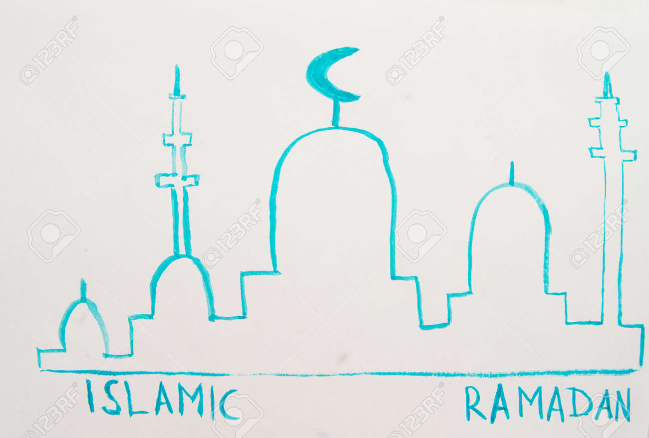 Watercolor drawing silhouette of a mosque, minarets simple children's illustration with the text Ramadan Kareem. - 167897515 Watercolor drawing silhouette of a mosque, minarets simple children's illustration with the text Ramadan Kareem. - 167897515
