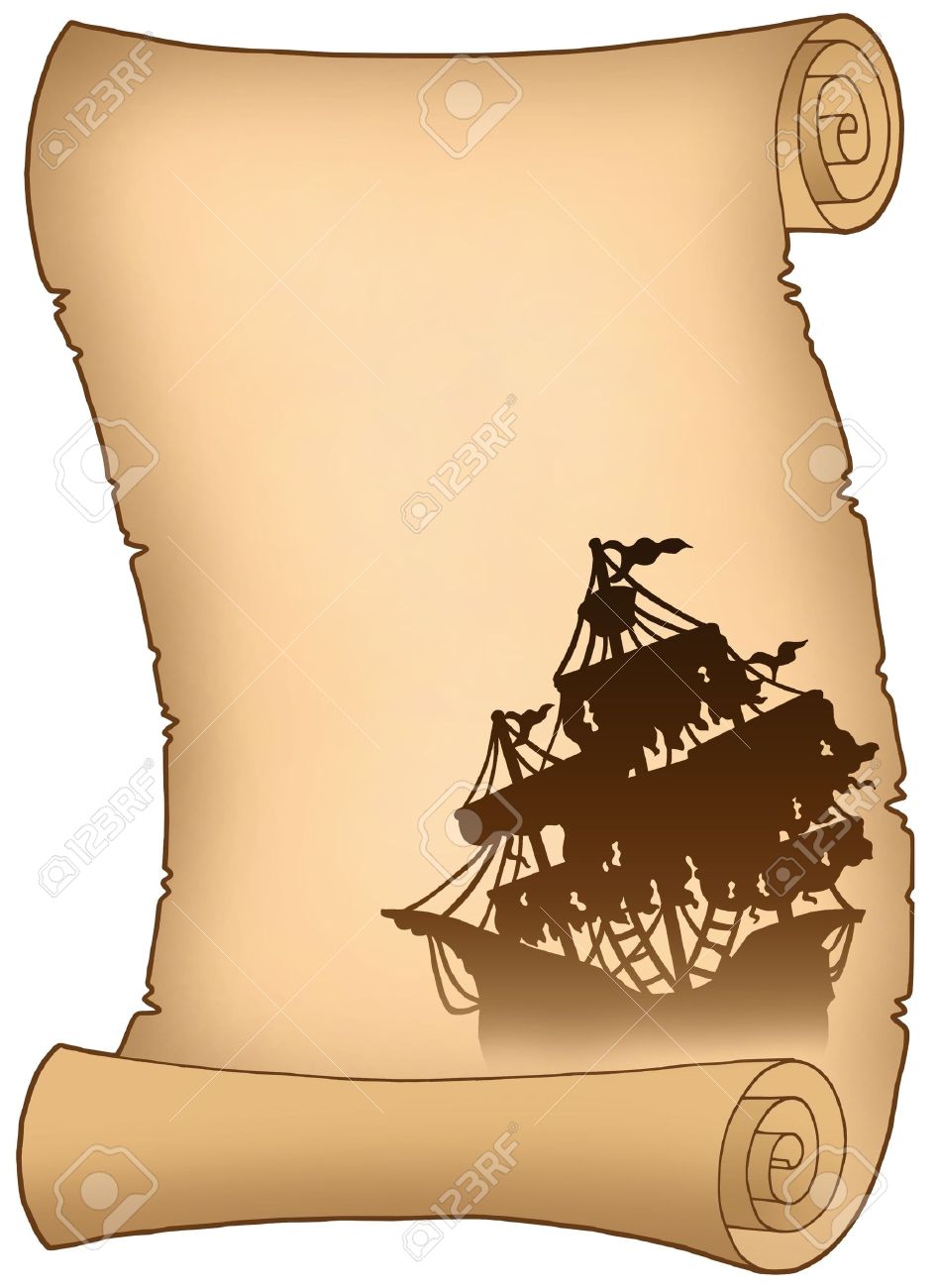 Old Scroll With Mysterious Ship Silhouette Color Illustration Stock Photo Picture And Royalty Free Image Image