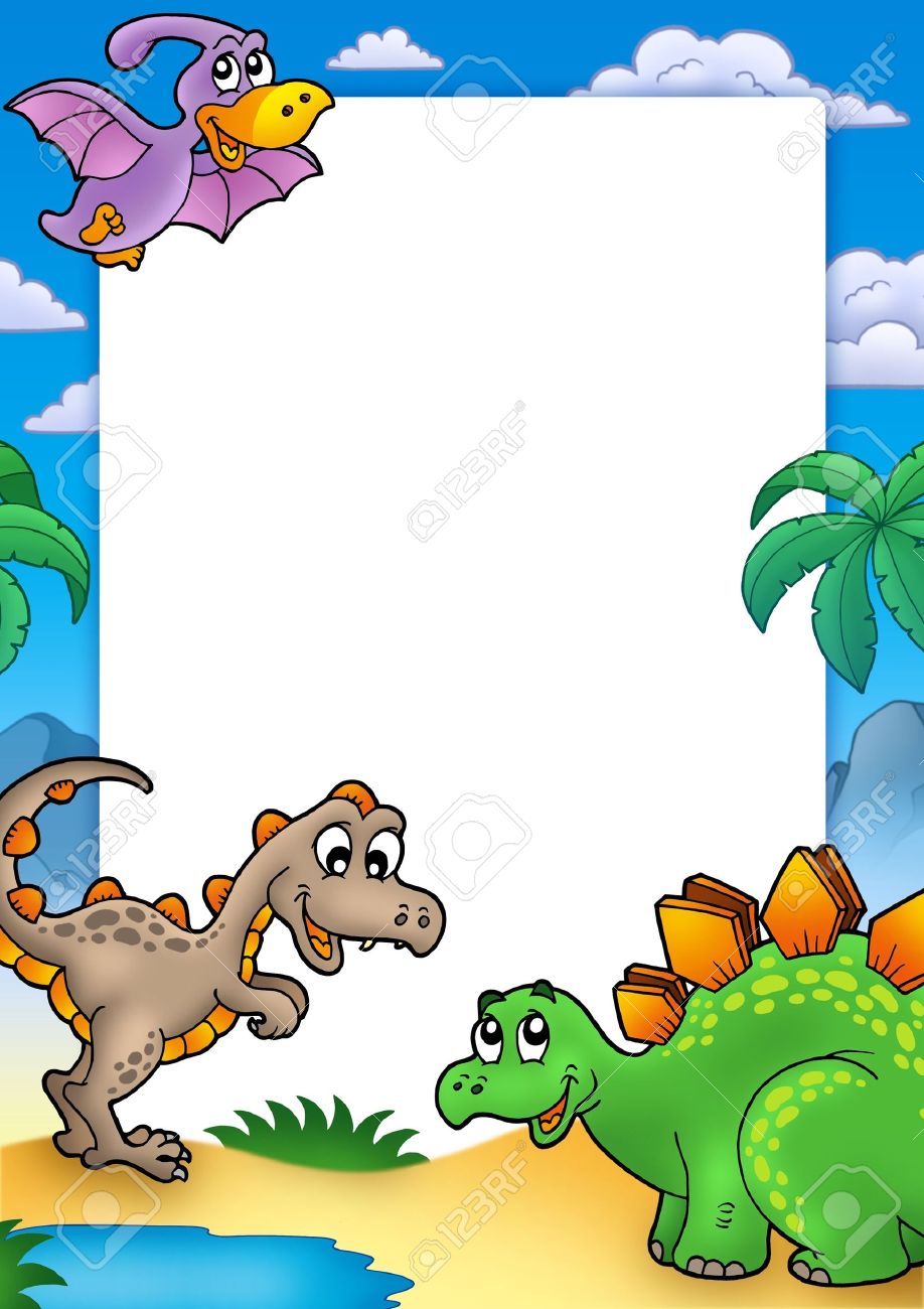 prehistoric frame with dinosaurs color illustration stock photo