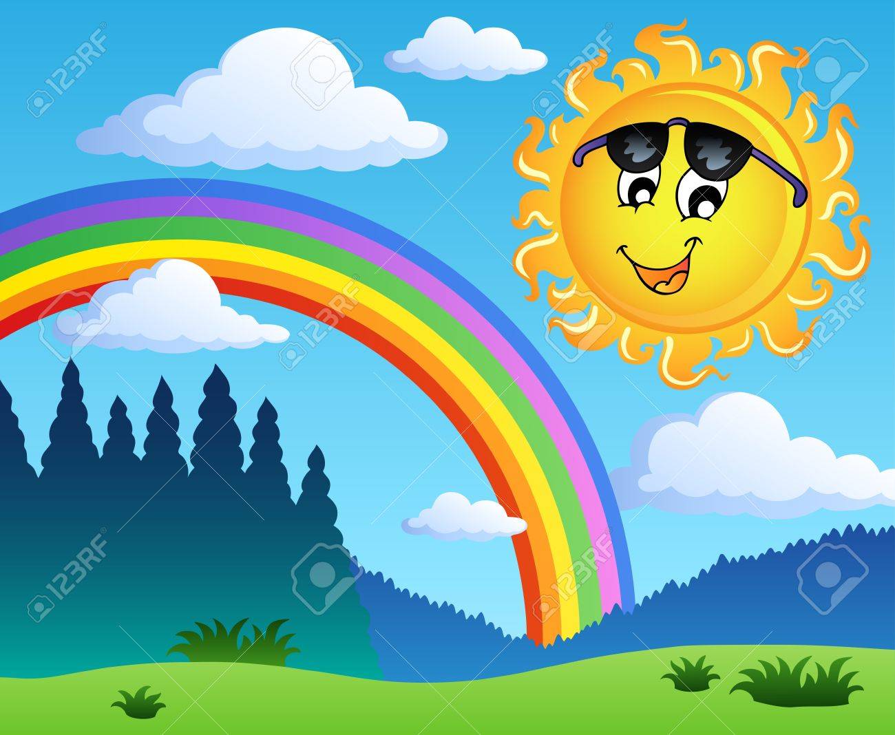 Paisaje Con El Arco Iris Y El Sol 1 Ilustracion Vectorial Ilustraciones Vectoriales Clip Art Vectorizado Libre De Derechos Image