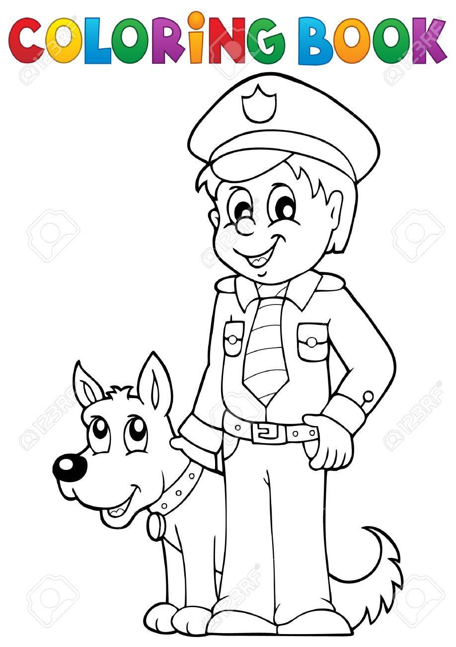 Policier De Livre A Colorier Avec Chien De Garde Illustration Vectorielle Clip Art Libres De Droits Vecteurs Et Illustration Image 46608956