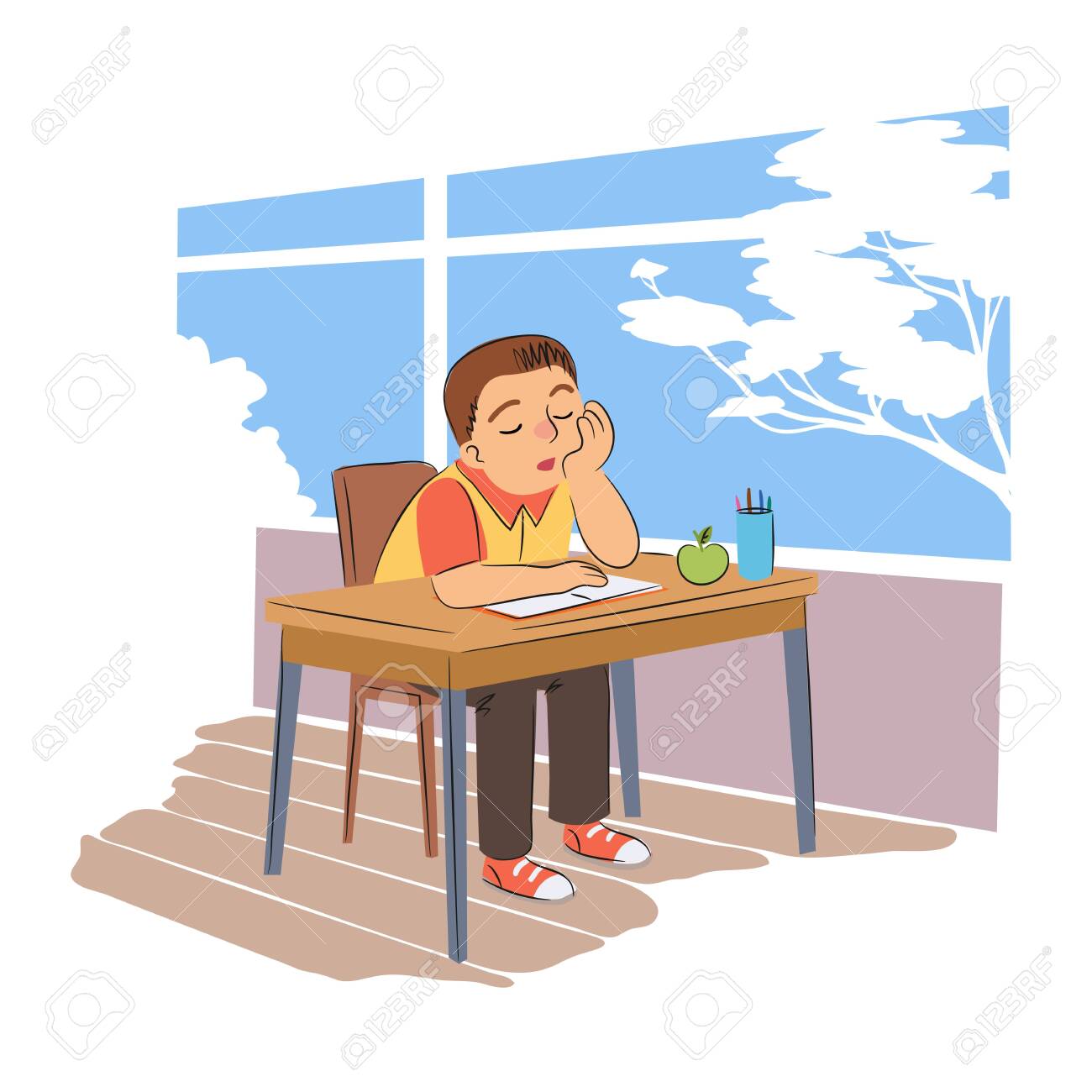 Pupil Sleeping In School Flat Vector Illustration. Tired Schoolboy At Desk  With Closed Eyes Cartoon Character. Sleepy Schoolkid Sitting At Table With  Notebook And Apple In Classroom. Royalty Free SVG, Cliparts, Vectors,, image size:1300x1300
