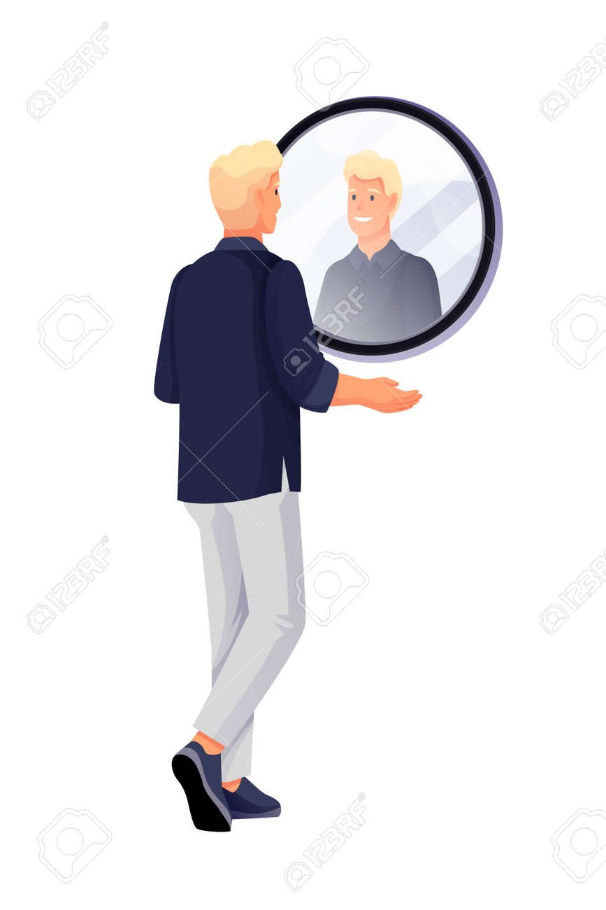 Man Looking In Mirror. Person In Restroom Or Washroom Vector Illustration.  Young Happy Guy Smiling At Reflection Of Face In Glass Mirror In Frame  Isolated On White Background Royalty Free SVG, Cliparts,, image size:867x1300