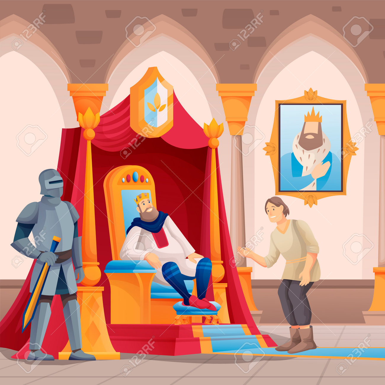 Royal People In Castle Scene. King Sitting On Throne, Knight With Sword  Guarding, Poor Man Peasant Asking In Kingdom Chamber Vector Illustration.  Hall Room Interior Design View Royalty Free SVG, Cliparts, Vectors,, image size:1300x1300