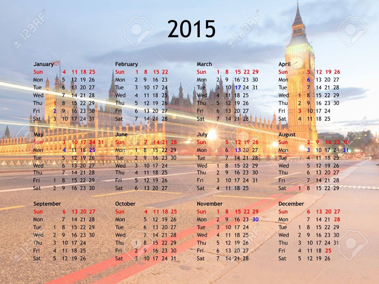 Year 2015 Calendar With The Houses Of Parliament Westminster - 