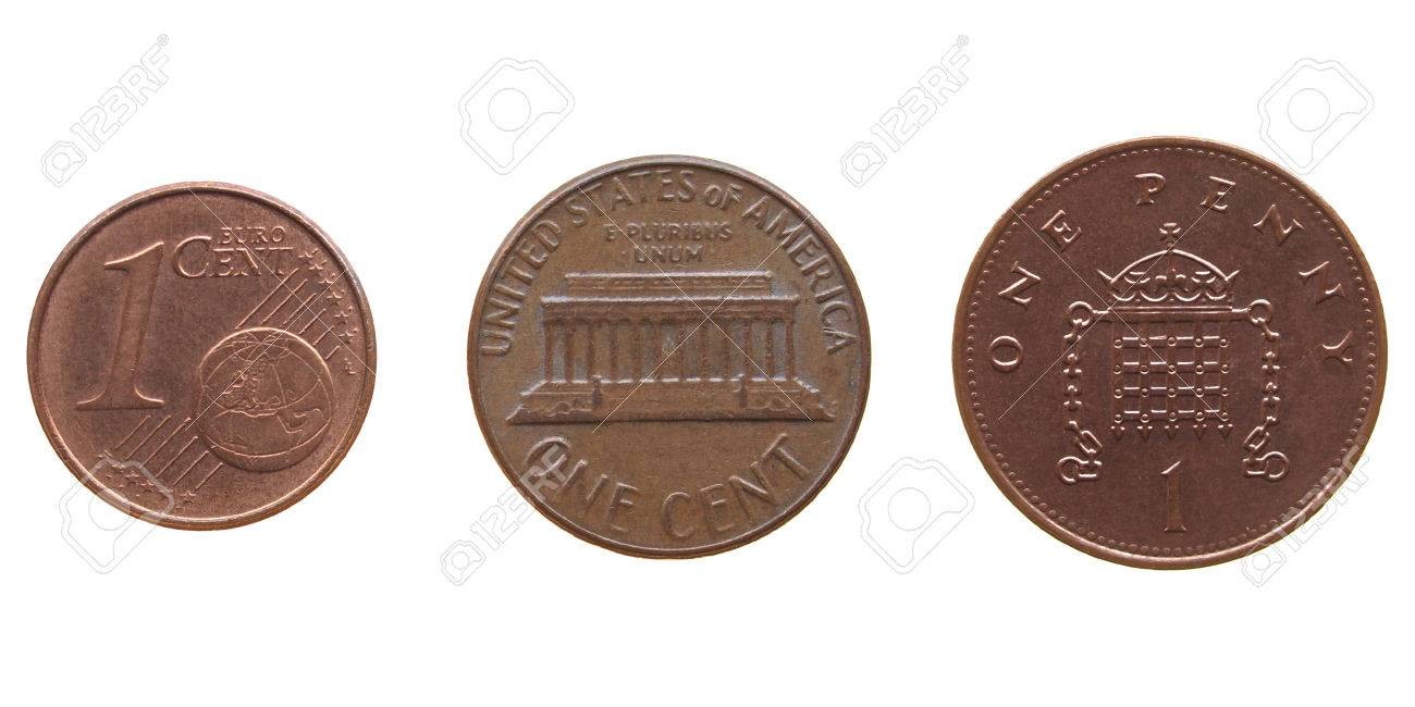 하나의 유로 센트, 1 달러 센트는 하나 페니 동전 격리 로열티 무료 사진, 그림, 이미지 그리고 스톡포토그래피. Image  68685846