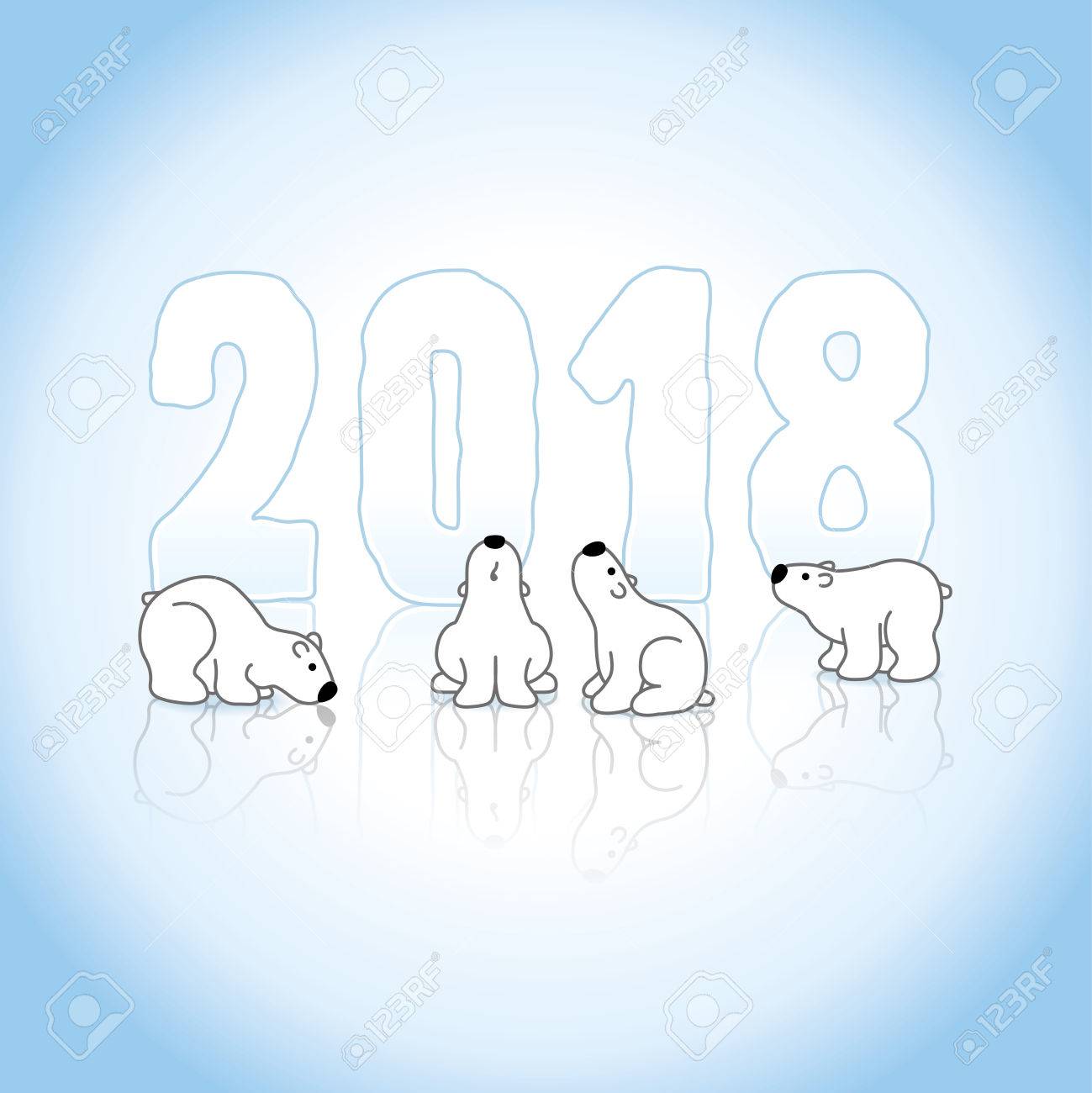 quattro carino orsi polari e capodanno 2018 con riflessioni su uno sfondo blu ghiaccio freddo Archivio Fotografico Quattro carino orsi polari e Capodanno 2018 con riflessioni su uno sfondo blu ghiaccio freddo Archivio Fotografico - 64615913