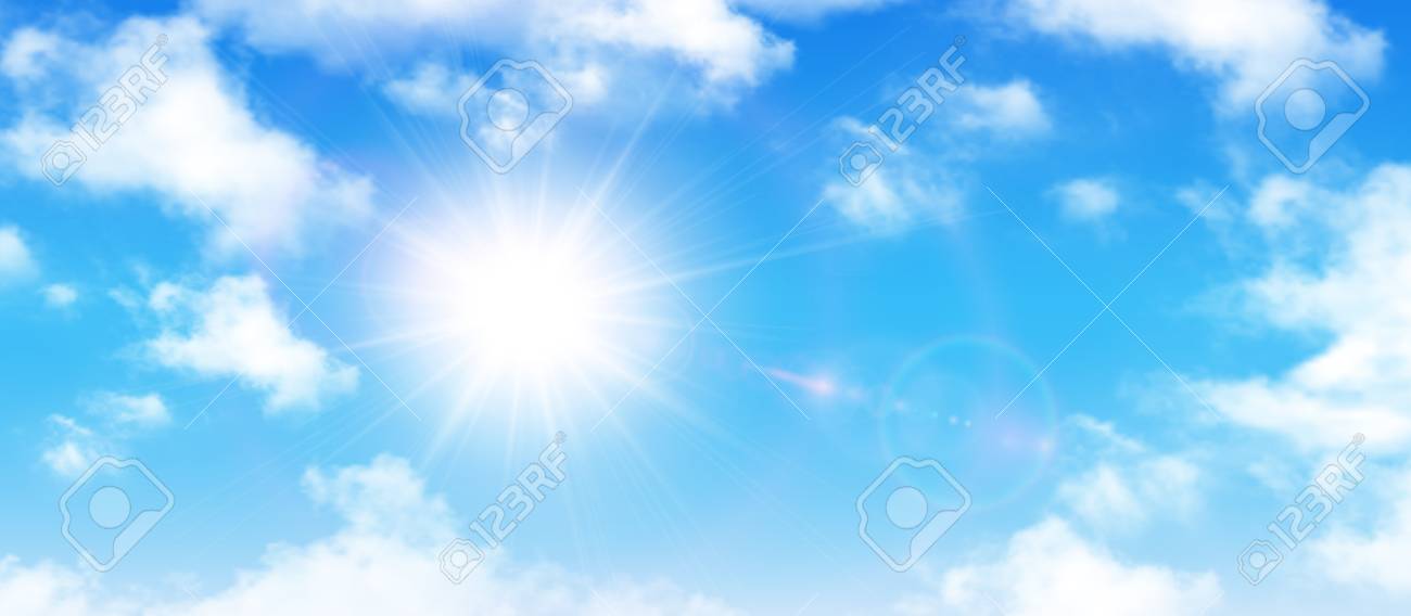 Sunny background, blue sky with white clouds and sun, vector illustration. - 93278577 Sunny background, blue sky with white clouds and sun, vector illustration. - 93278577