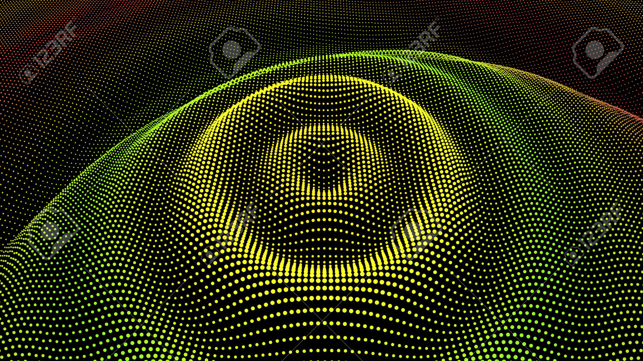 서클 파급 효과. 방사형 펄스 표면 차원 물결 모양. 데이터 흐름에 드립 드롭. 표면 컬 배경입니다. 빅 데이터 심층 동적 그리드 구조.  정보의 도트 바다 춤. 로열티 무료 사진, 그림, 이미지 그리고