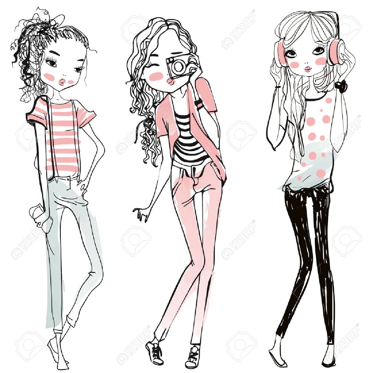 スケッチ風のスタイルでかわいいファッション漫画の女の子 のイラスト素材 ベクタ Image