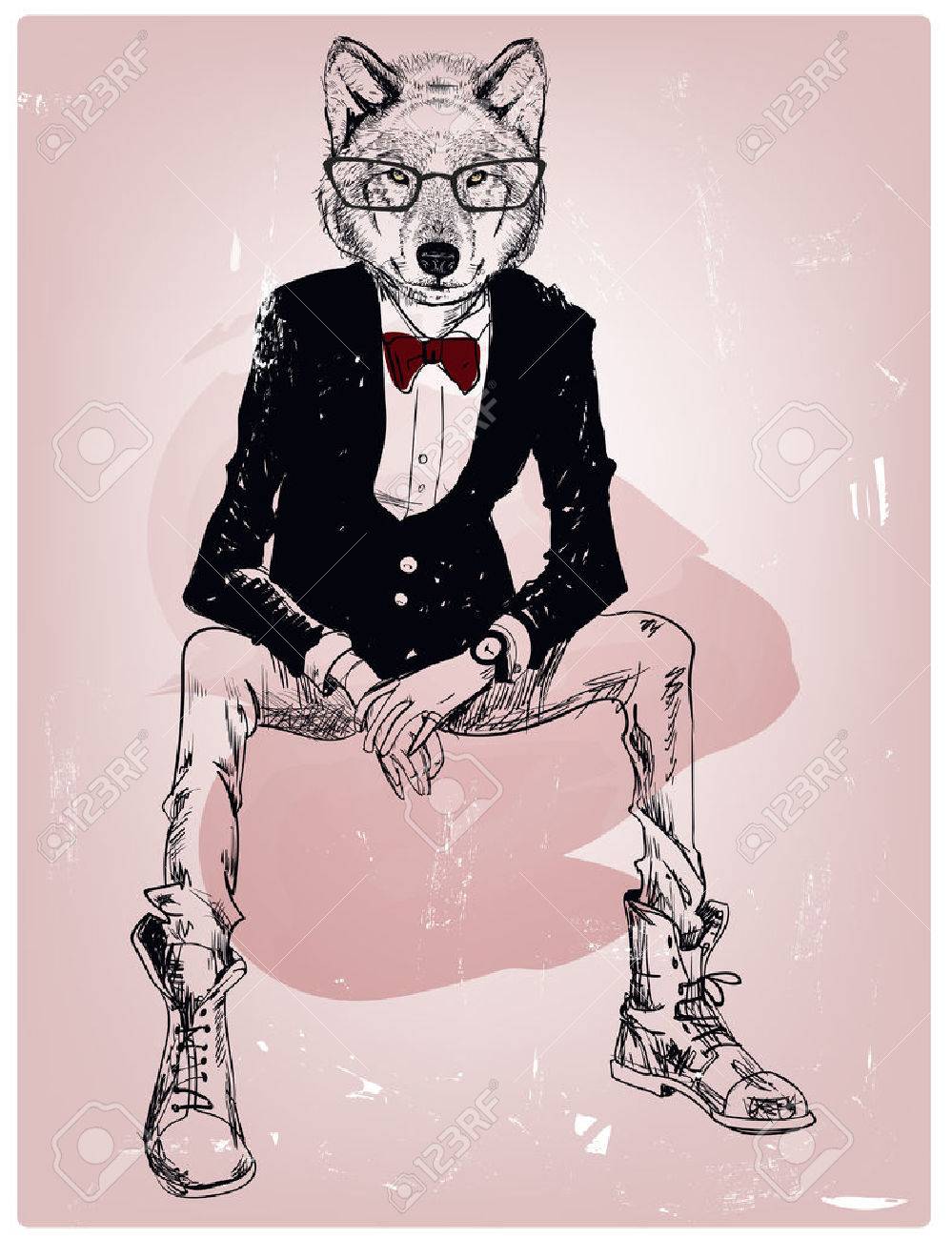 メガネで野生のオオカミの流行に敏感な肖像画のイラスト素材 ベクタ