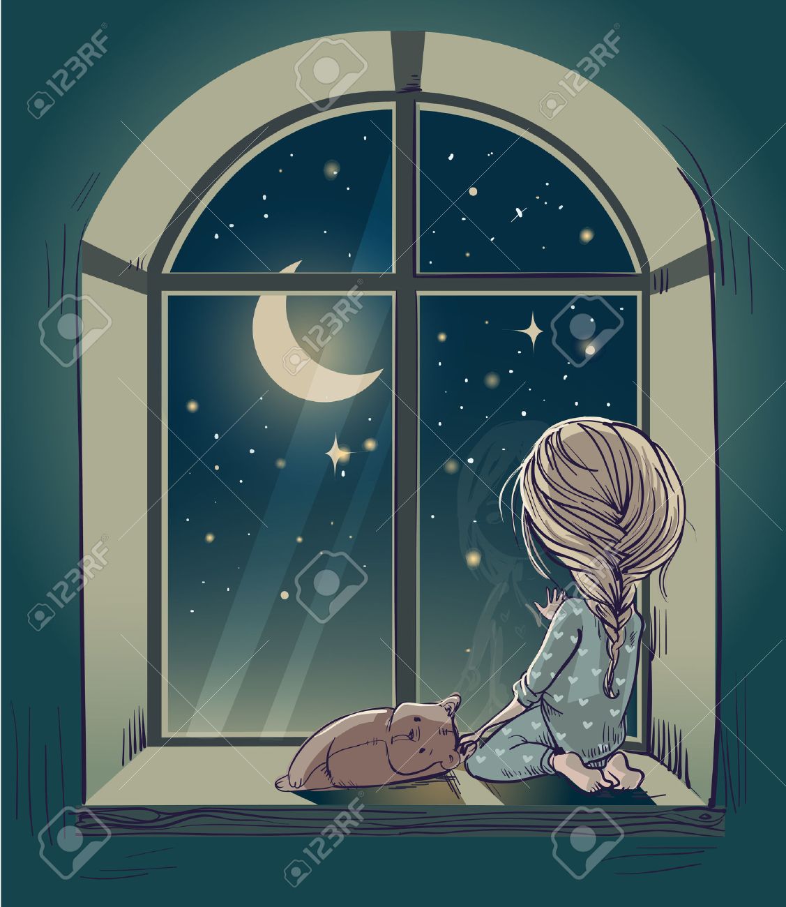 Little Cute Cartoon Girl With Teddy Bear And The Moon Night Stock ...