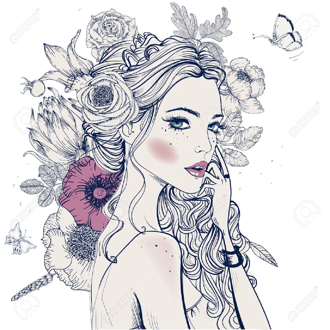 若くてきれいな女性を Wirh 花の肖像画 のイラスト素材 ベクタ Image