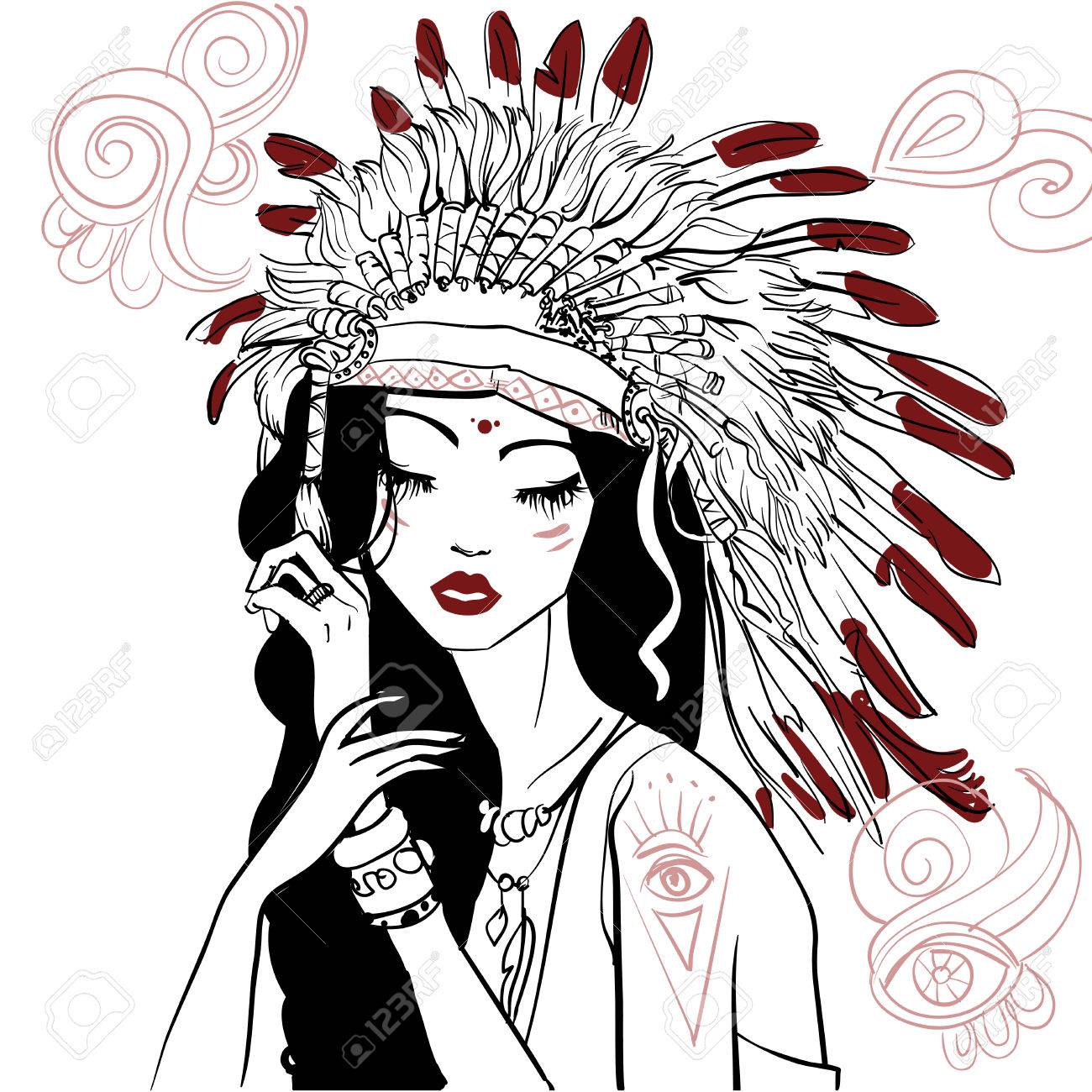 若い美しいネイティブ アメリカンの女性の肖像画 のイラスト素材 ベクタ Image