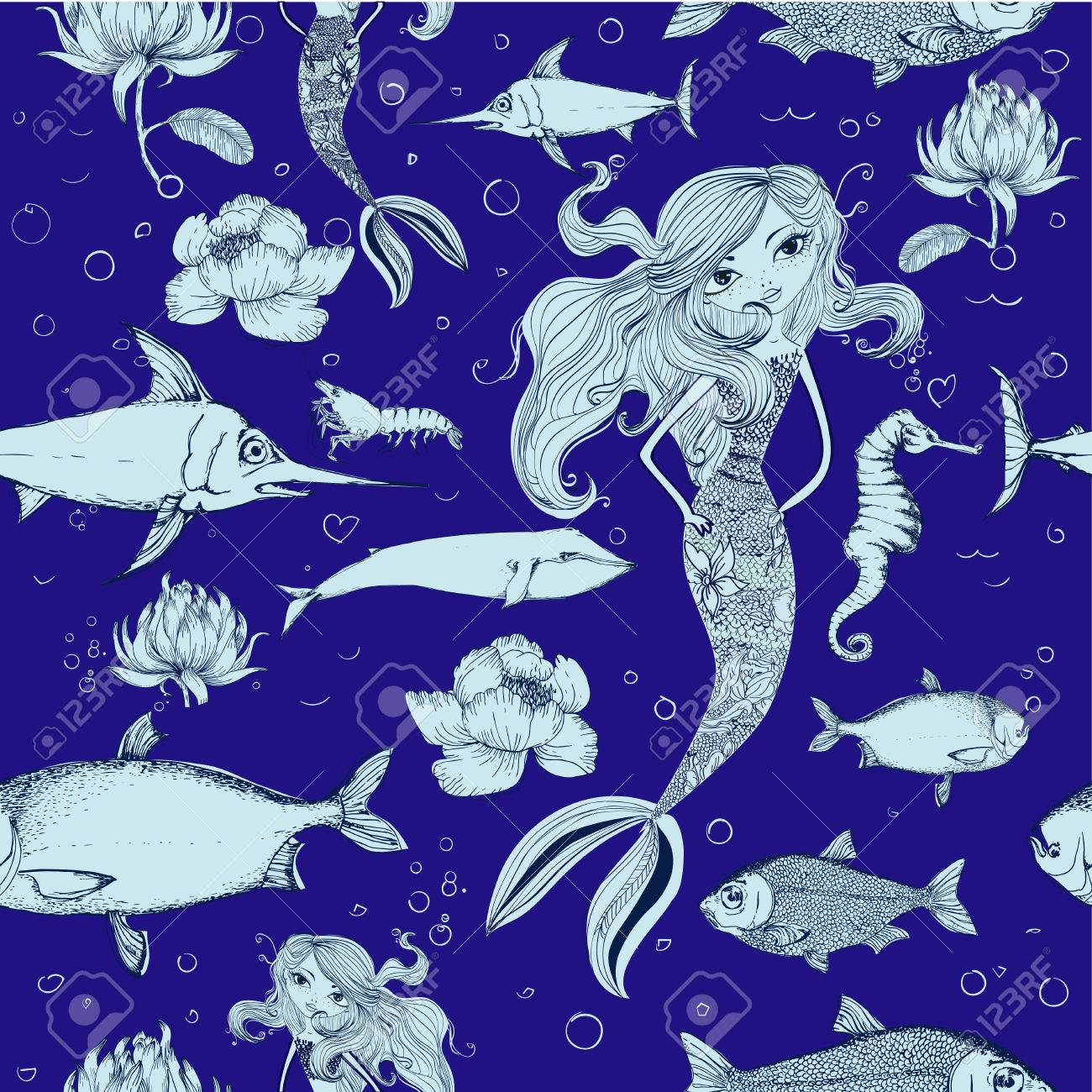 Seamless Background With Different Kinds Of Fish And Mermaid Royalty Free Cliparts Vectors And Stock Illustration Image
