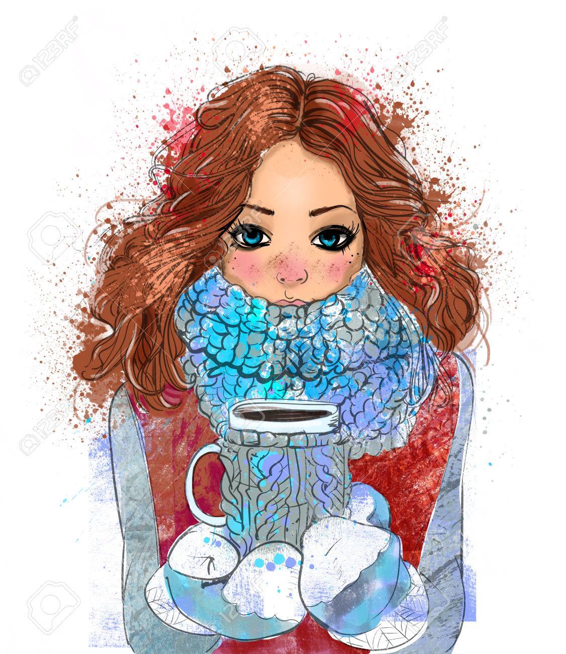 Portrait Of Cute Winter Cartoon Girl With Coffee Cup Stock Photo Picture And Royalty Free Image Image 54621892 portrait of cute winter cartoon girl with coffee cup